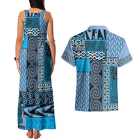 Blue Aotearoa Kowhaiwhai Pattern Couples Matching Tank Maxi Dress and Hawaiian Shirt NZ Maori Quilt Style LT14 - Polynesian Pride