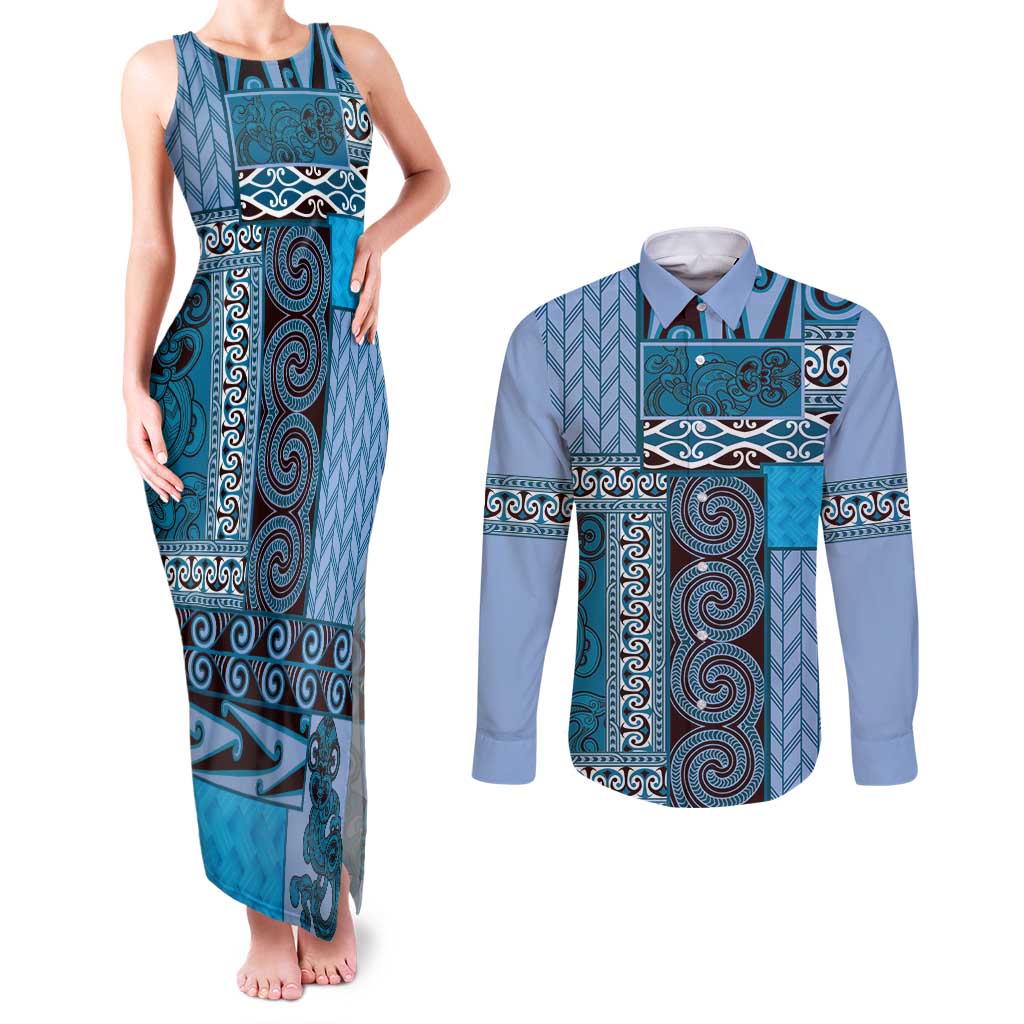 Blue Aotearoa Kowhaiwhai Pattern Couples Matching Tank Maxi Dress and Long Sleeve Button Shirt NZ Maori Quilt Style LT14 Blue - Polynesian Pride