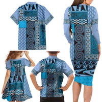 Blue Aotearoa Kowhaiwhai Pattern Family Matching Long Sleeve Bodycon Dress and Hawaiian Shirt NZ Maori Quilt Style LT14 - Polynesian Pride