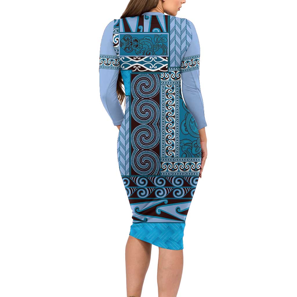 Blue Aotearoa Kowhaiwhai Pattern Family Matching Long Sleeve Bodycon Dress and Hawaiian Shirt NZ Maori Quilt Style LT14 - Polynesian Pride
