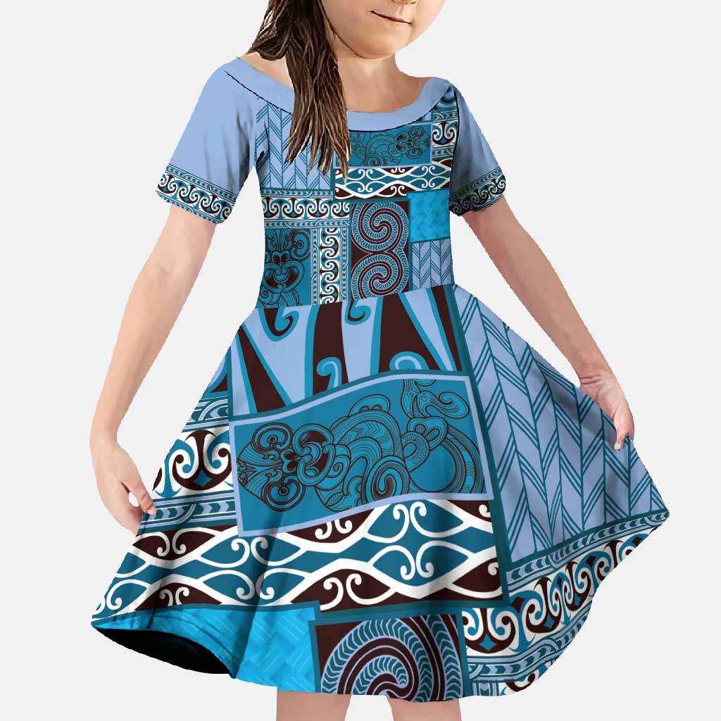 Blue Aotearoa Kowhaiwhai Pattern Family Matching Mermaid Dress and Hawaiian Shirt NZ Maori Quilt Style LT14 Daughter's Dress Blue - Polynesian Pride
