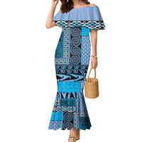 Blue Aotearoa Kowhaiwhai Pattern Family Matching Mermaid Dress and Hawaiian Shirt NZ Maori Quilt Style LT14 Mom's Dress Blue - Polynesian Pride
