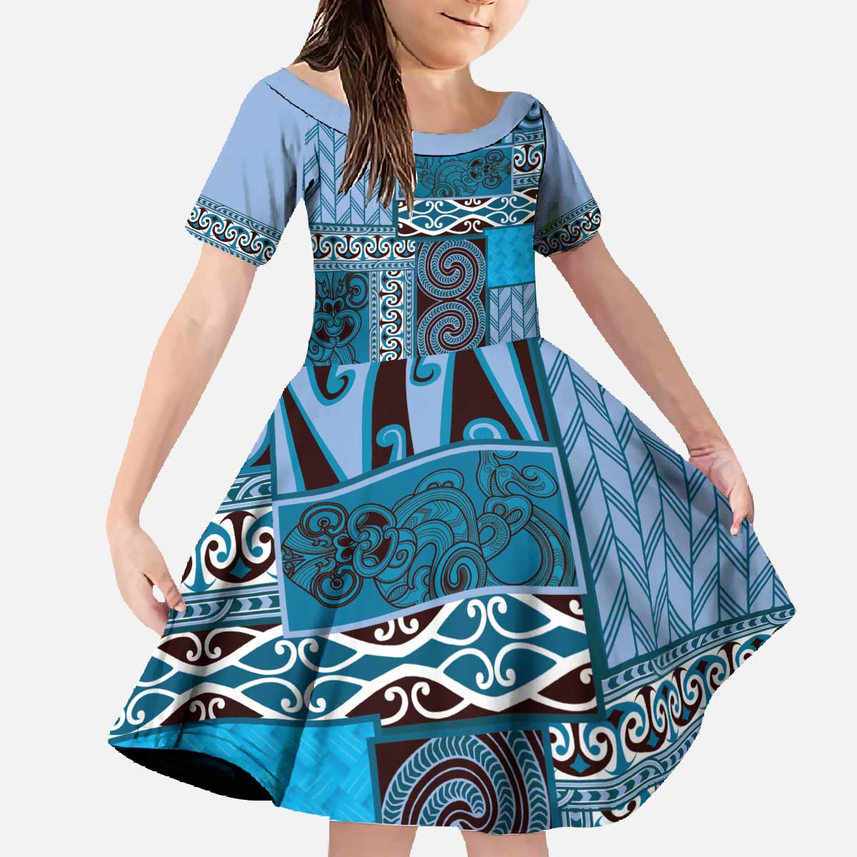 Blue Aotearoa Kowhaiwhai Pattern Family Matching Off The Shoulder Long Sleeve Dress and Hawaiian Shirt NZ Maori Quilt Style LT14 Daughter's Dress Blue - Polynesian Pride