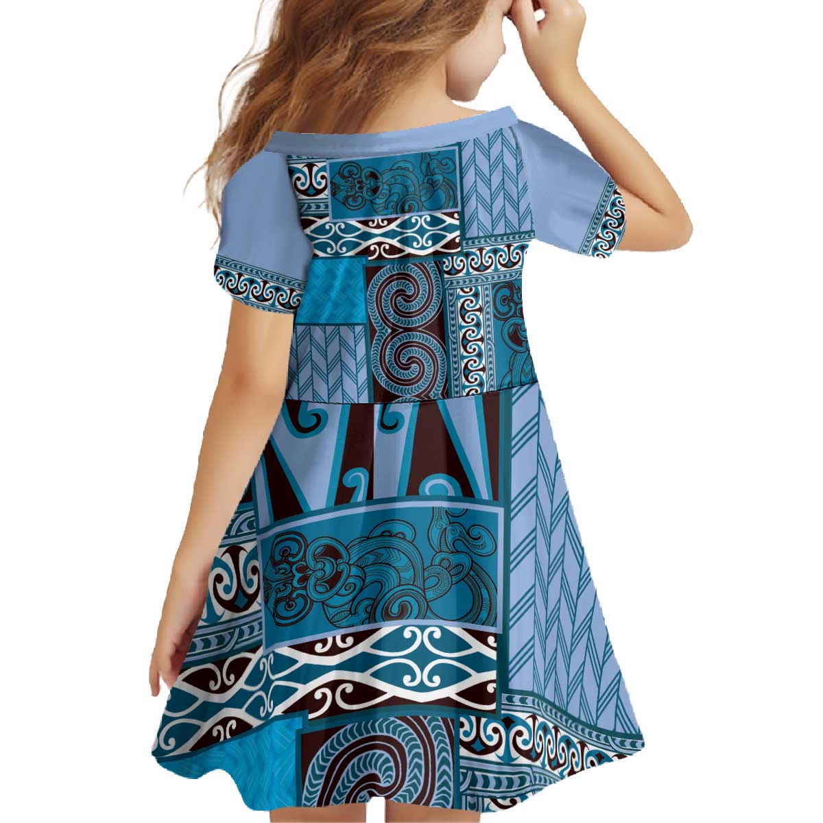 Blue Aotearoa Kowhaiwhai Pattern Family Matching Off The Shoulder Long Sleeve Dress and Hawaiian Shirt NZ Maori Quilt Style LT14 - Polynesian Pride