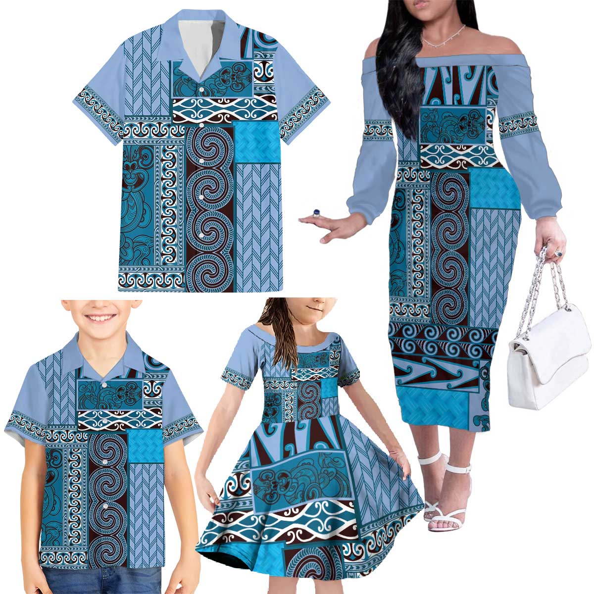 Blue Aotearoa Kowhaiwhai Pattern Family Matching Off The Shoulder Long Sleeve Dress and Hawaiian Shirt NZ Maori Quilt Style LT14 - Polynesian Pride