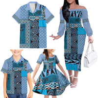 Blue Aotearoa Kowhaiwhai Pattern Family Matching Off The Shoulder Long Sleeve Dress and Hawaiian Shirt NZ Maori Quilt Style LT14 - Polynesian Pride