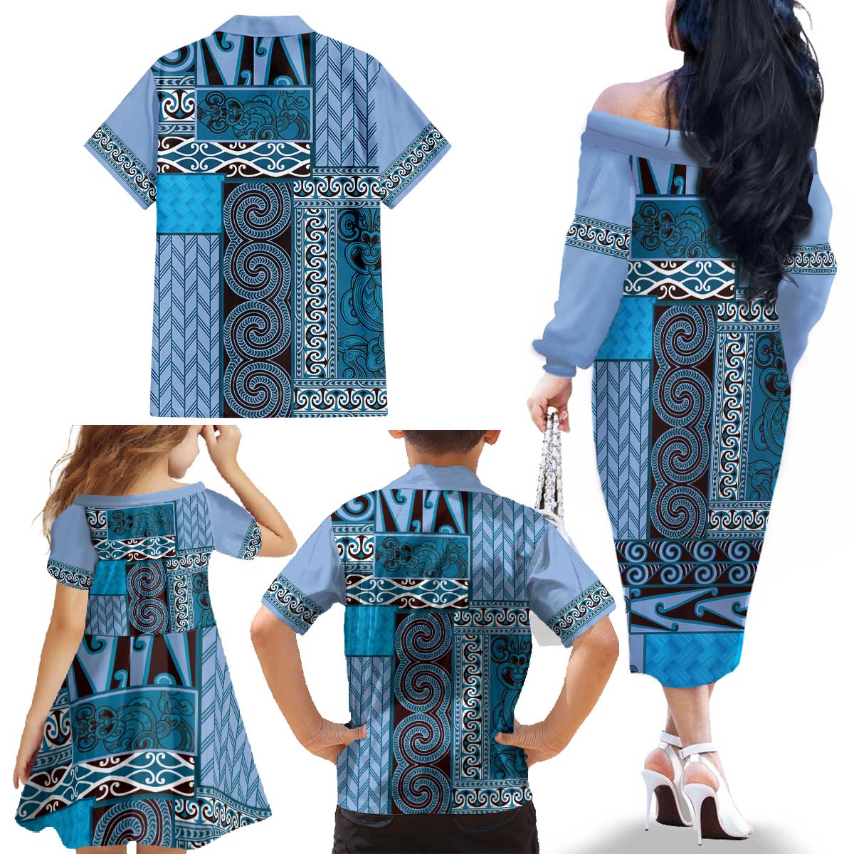 Blue Aotearoa Kowhaiwhai Pattern Family Matching Off The Shoulder Long Sleeve Dress and Hawaiian Shirt NZ Maori Quilt Style LT14 - Polynesian Pride