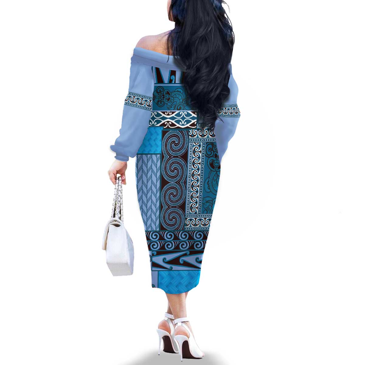 Blue Aotearoa Kowhaiwhai Pattern Family Matching Off The Shoulder Long Sleeve Dress and Hawaiian Shirt NZ Maori Quilt Style LT14 - Polynesian Pride