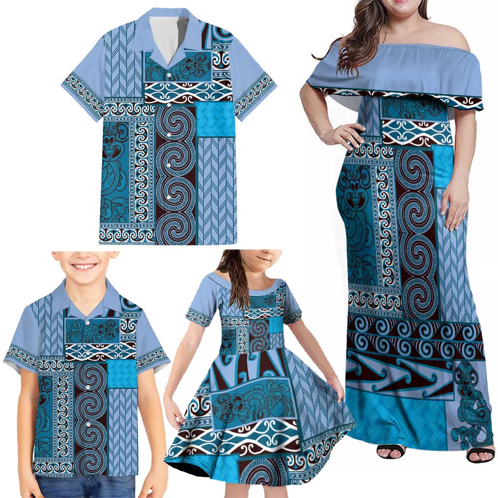 Blue Aotearoa Kowhaiwhai Pattern Family Matching Off Shoulder Maxi Dress and Hawaiian Shirt NZ Maori Quilt Style LT14 - Polynesian Pride