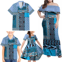 Blue Aotearoa Kowhaiwhai Pattern Family Matching Off Shoulder Maxi Dress and Hawaiian Shirt NZ Maori Quilt Style LT14 - Polynesian Pride