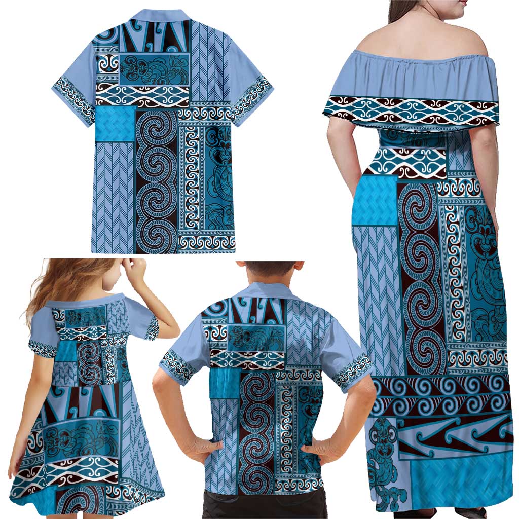 Blue Aotearoa Kowhaiwhai Pattern Family Matching Off Shoulder Maxi Dress and Hawaiian Shirt NZ Maori Quilt Style LT14 - Polynesian Pride