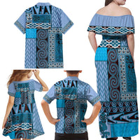 Blue Aotearoa Kowhaiwhai Pattern Family Matching Off Shoulder Maxi Dress and Hawaiian Shirt NZ Maori Quilt Style LT14 - Polynesian Pride
