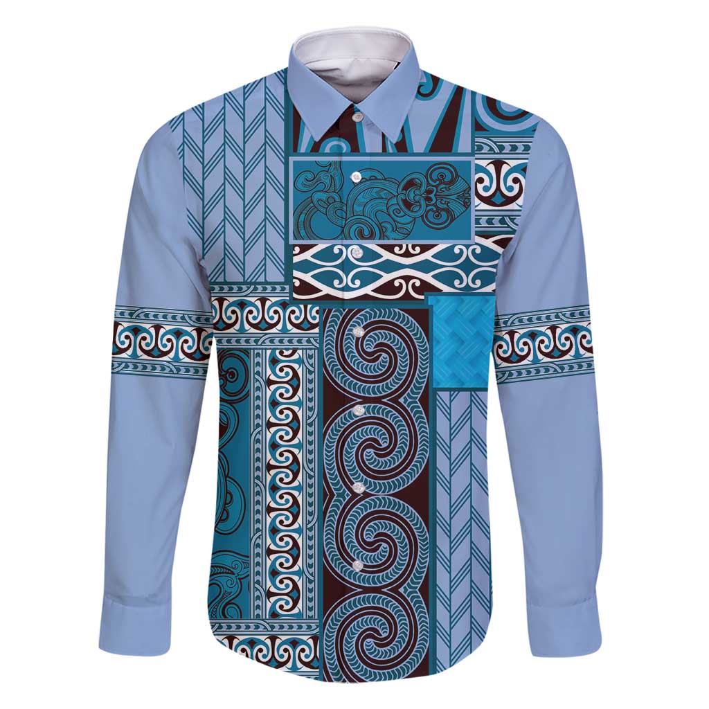 Blue Aotearoa Kowhaiwhai Pattern Family Matching Off Shoulder Maxi Dress and Hawaiian Shirt NZ Maori Quilt Style LT14 Dad's Shirt - Long Sleeve Blue - Polynesian Pride
