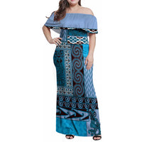 Blue Aotearoa Kowhaiwhai Pattern Family Matching Off Shoulder Maxi Dress and Hawaiian Shirt NZ Maori Quilt Style LT14 Mom's Dress Blue - Polynesian Pride