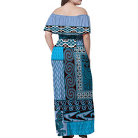 Blue Aotearoa Kowhaiwhai Pattern Family Matching Off Shoulder Maxi Dress and Hawaiian Shirt NZ Maori Quilt Style LT14 - Polynesian Pride