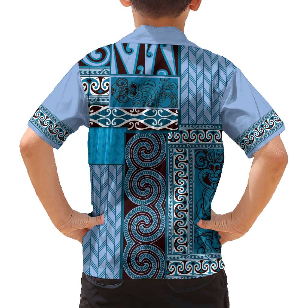 Blue Aotearoa Kowhaiwhai Pattern Family Matching Off Shoulder Short Dress and Hawaiian Shirt NZ Maori Quilt Style LT14 - Polynesian Pride