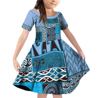 Blue Aotearoa Kowhaiwhai Pattern Family Matching Off Shoulder Short Dress and Hawaiian Shirt NZ Maori Quilt Style LT14 Daughter's Dress Blue - Polynesian Pride