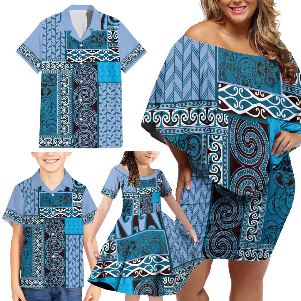 Blue Aotearoa Kowhaiwhai Pattern Family Matching Off Shoulder Short Dress and Hawaiian Shirt NZ Maori Quilt Style LT14 - Polynesian Pride