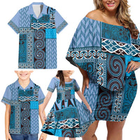 Blue Aotearoa Kowhaiwhai Pattern Family Matching Off Shoulder Short Dress and Hawaiian Shirt NZ Maori Quilt Style LT14 - Polynesian Pride