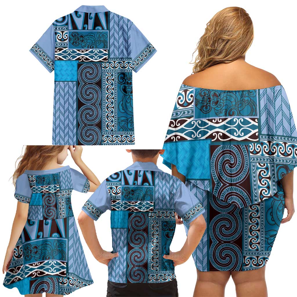 Blue Aotearoa Kowhaiwhai Pattern Family Matching Off Shoulder Short Dress and Hawaiian Shirt NZ Maori Quilt Style LT14 - Polynesian Pride