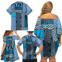 Blue Aotearoa Kowhaiwhai Pattern Family Matching Off Shoulder Short Dress and Hawaiian Shirt NZ Maori Quilt Style LT14 - Polynesian Pride