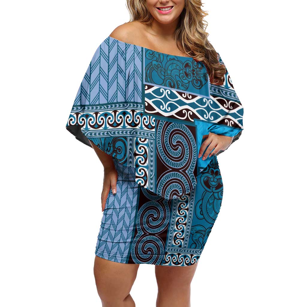 Blue Aotearoa Kowhaiwhai Pattern Family Matching Off Shoulder Short Dress and Hawaiian Shirt NZ Maori Quilt Style LT14 Mom's Dress Blue - Polynesian Pride
