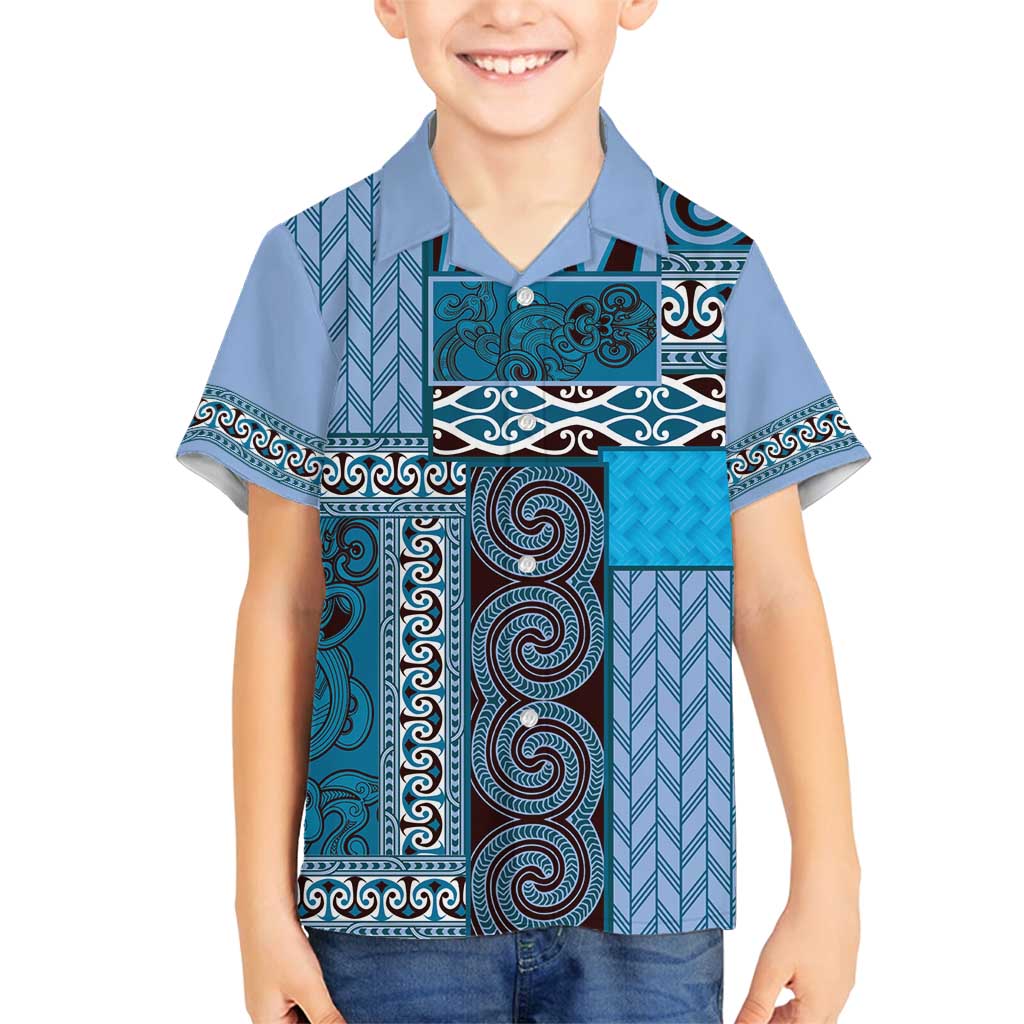 Blue Aotearoa Kowhaiwhai Pattern Family Matching Off Shoulder Short Dress and Hawaiian Shirt NZ Maori Quilt Style LT14 Son's Shirt Blue - Polynesian Pride