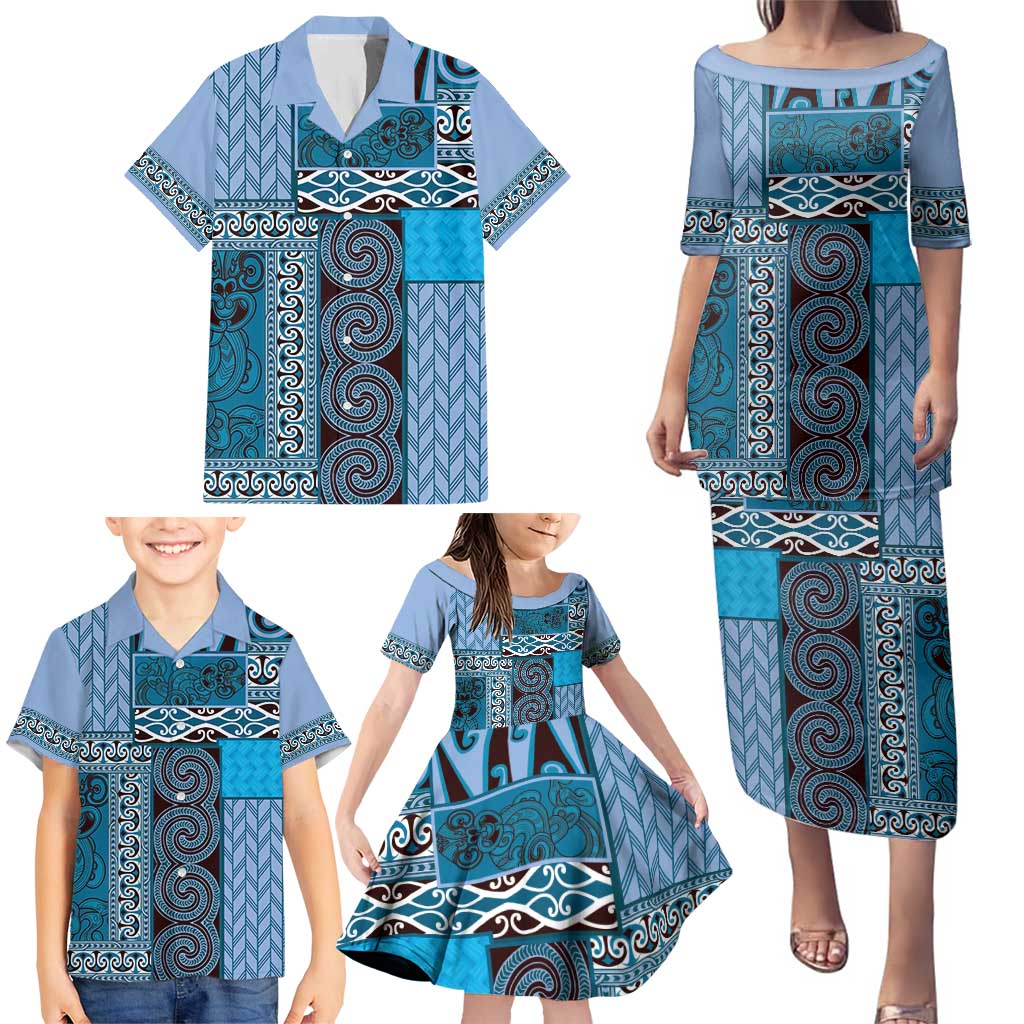 Blue Aotearoa Kowhaiwhai Pattern Family Matching Puletasi and Hawaiian Shirt NZ Maori Quilt Style LT14 - Polynesian Pride