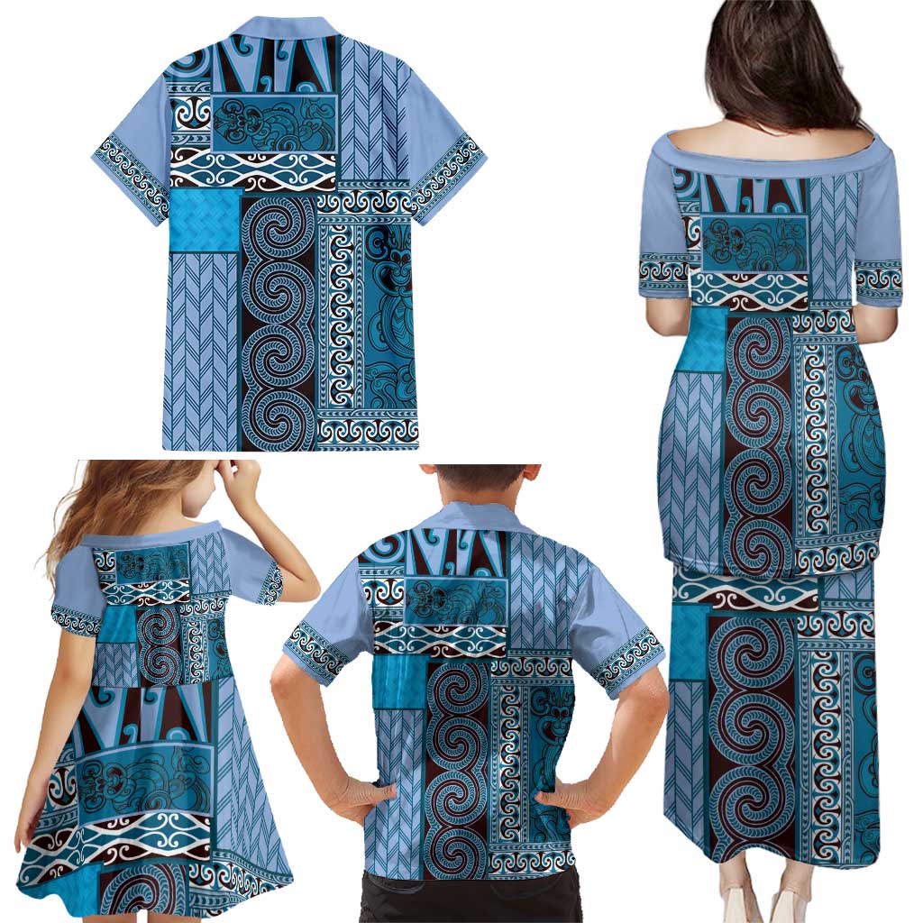 Blue Aotearoa Kowhaiwhai Pattern Family Matching Puletasi and Hawaiian Shirt NZ Maori Quilt Style LT14 - Polynesian Pride