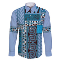 Blue Aotearoa Kowhaiwhai Pattern Family Matching Puletasi and Hawaiian Shirt NZ Maori Quilt Style LT14 Dad's Shirt - Long Sleeve Blue - Polynesian Pride