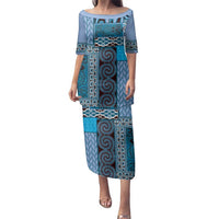 Blue Aotearoa Kowhaiwhai Pattern Family Matching Puletasi and Hawaiian Shirt NZ Maori Quilt Style LT14 Mom's Dress Blue - Polynesian Pride