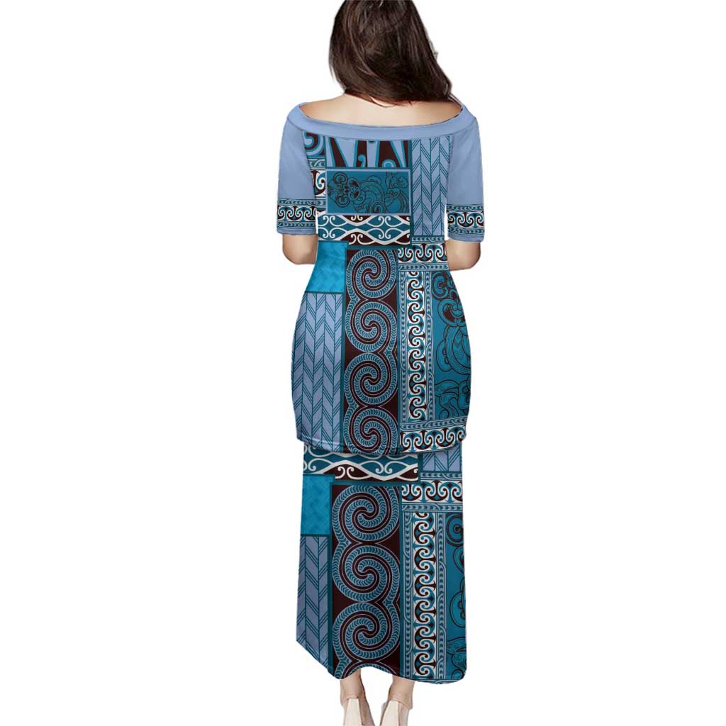 Blue Aotearoa Kowhaiwhai Pattern Family Matching Puletasi and Hawaiian Shirt NZ Maori Quilt Style LT14 - Polynesian Pride