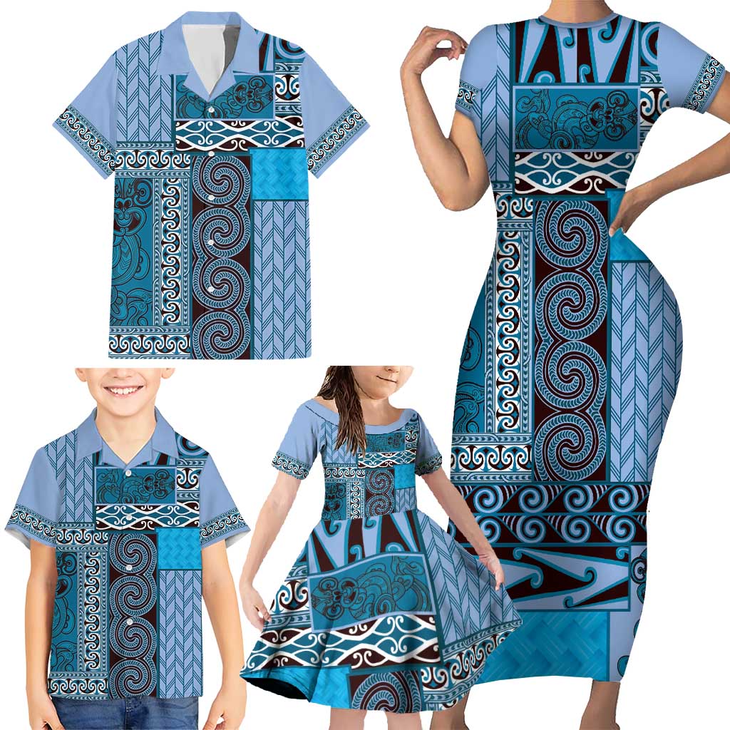 Blue Aotearoa Kowhaiwhai Pattern Family Matching Short Sleeve Bodycon Dress and Hawaiian Shirt NZ Maori Quilt Style LT14 - Polynesian Pride