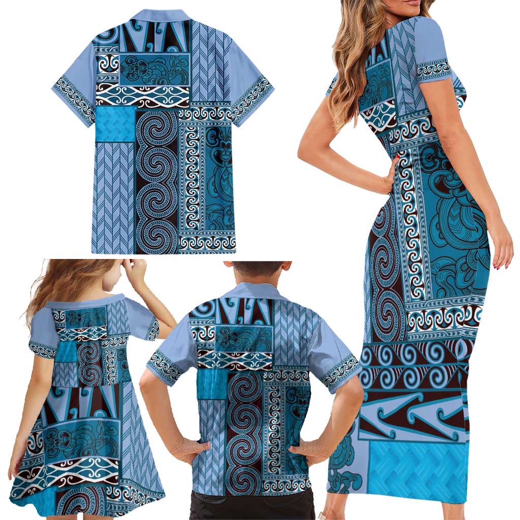 Blue Aotearoa Kowhaiwhai Pattern Family Matching Short Sleeve Bodycon Dress and Hawaiian Shirt NZ Maori Quilt Style LT14 - Polynesian Pride