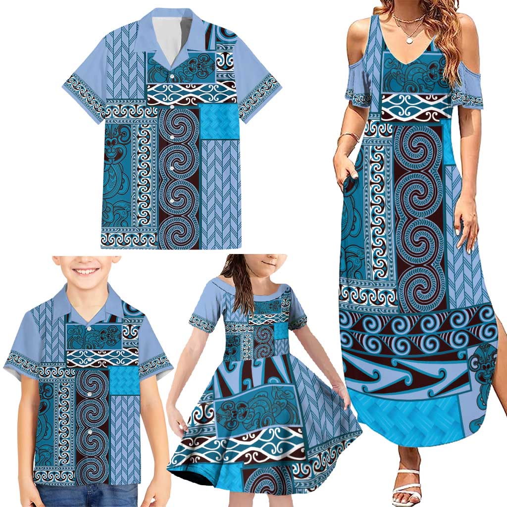 Blue Aotearoa Kowhaiwhai Pattern Family Matching Summer Maxi Dress and Hawaiian Shirt NZ Maori Quilt Style LT14 - Polynesian Pride