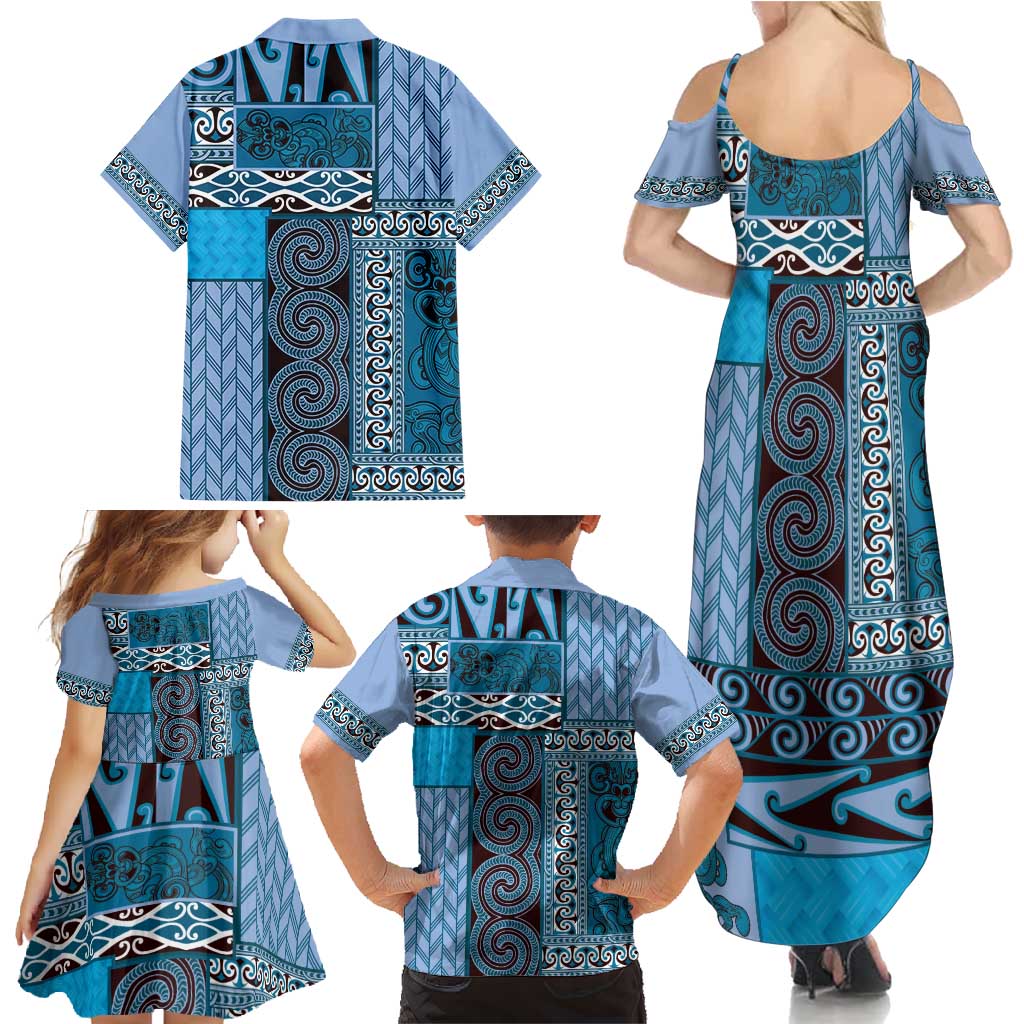 Blue Aotearoa Kowhaiwhai Pattern Family Matching Summer Maxi Dress and Hawaiian Shirt NZ Maori Quilt Style LT14 - Polynesian Pride
