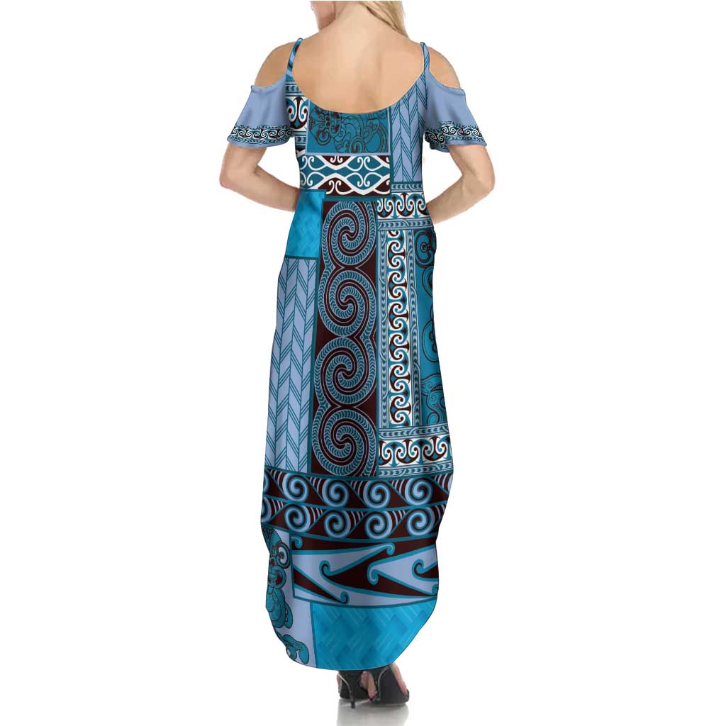 Blue Aotearoa Kowhaiwhai Pattern Family Matching Summer Maxi Dress and Hawaiian Shirt NZ Maori Quilt Style LT14 - Polynesian Pride