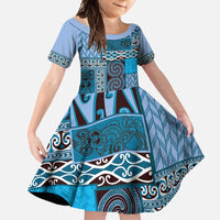 Blue Aotearoa Kowhaiwhai Pattern Family Matching Tank Maxi Dress and Hawaiian Shirt NZ Maori Quilt Style LT14 Daughter's Dress Blue - Polynesian Pride