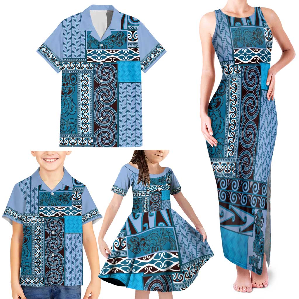 Blue Aotearoa Kowhaiwhai Pattern Family Matching Tank Maxi Dress and Hawaiian Shirt NZ Maori Quilt Style LT14 - Polynesian Pride