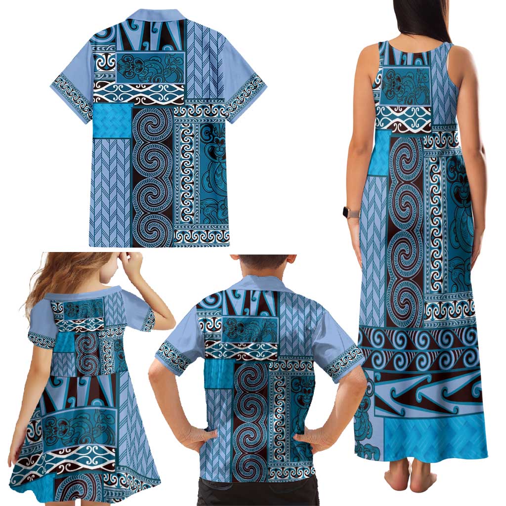 Blue Aotearoa Kowhaiwhai Pattern Family Matching Tank Maxi Dress and Hawaiian Shirt NZ Maori Quilt Style LT14 - Polynesian Pride