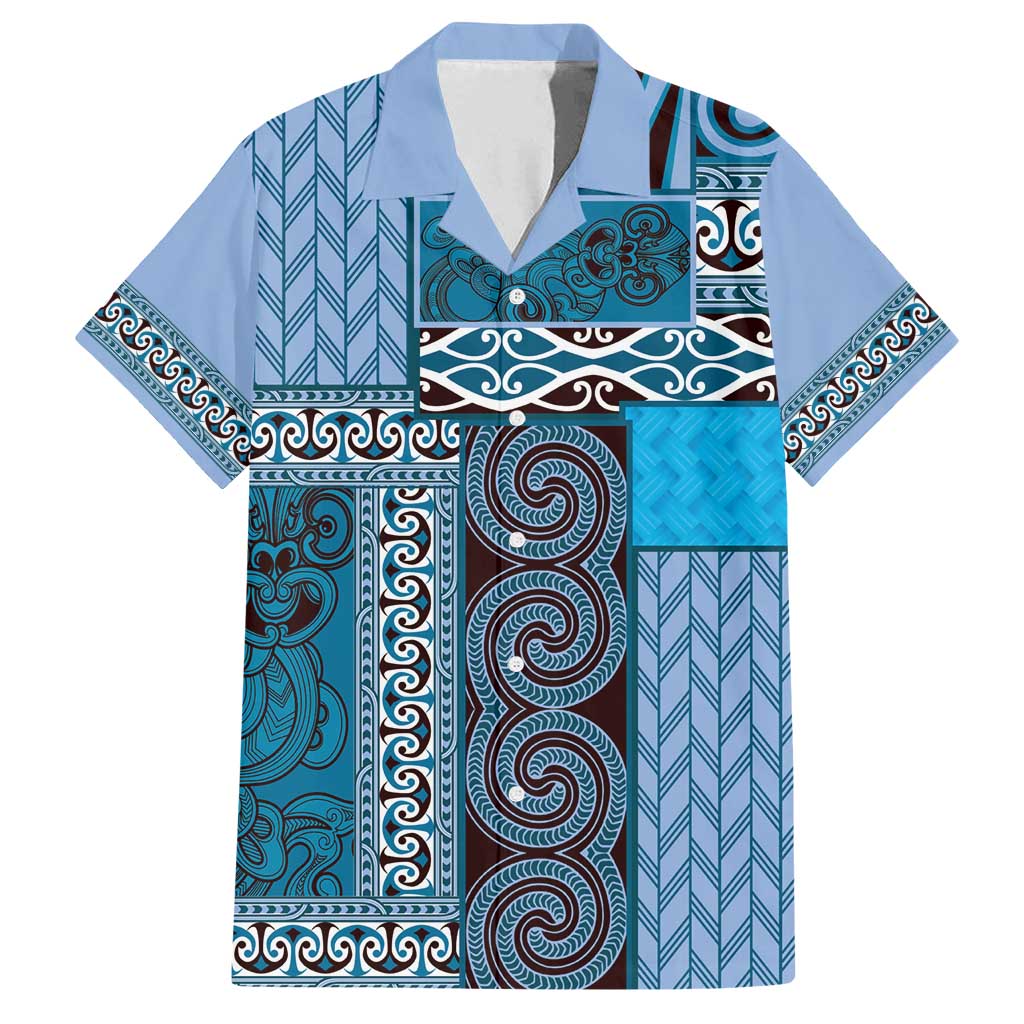 Blue Aotearoa Kowhaiwhai Pattern Family Matching Tank Maxi Dress and Hawaiian Shirt NZ Maori Quilt Style LT14 Dad's Shirt - Short Sleeve Blue - Polynesian Pride