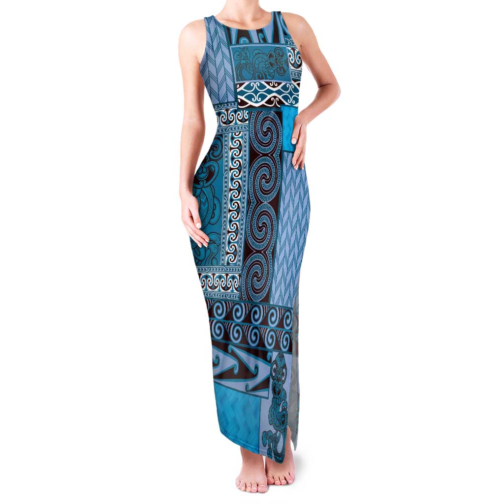 Blue Aotearoa Kowhaiwhai Pattern Family Matching Tank Maxi Dress and Hawaiian Shirt NZ Maori Quilt Style LT14 Mom's Dress Blue - Polynesian Pride