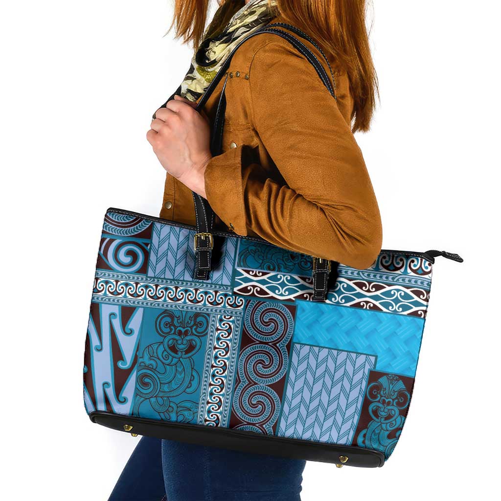 Blue Aotearoa Kowhaiwhai Pattern Leather Tote Bag NZ Maori Quilt Style LT14 Blue - Polynesian Pride