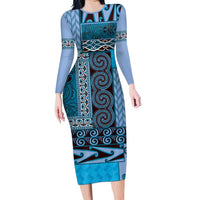 Blue Aotearoa Kowhaiwhai Pattern Long Sleeve Bodycon Dress NZ Maori Quilt Style