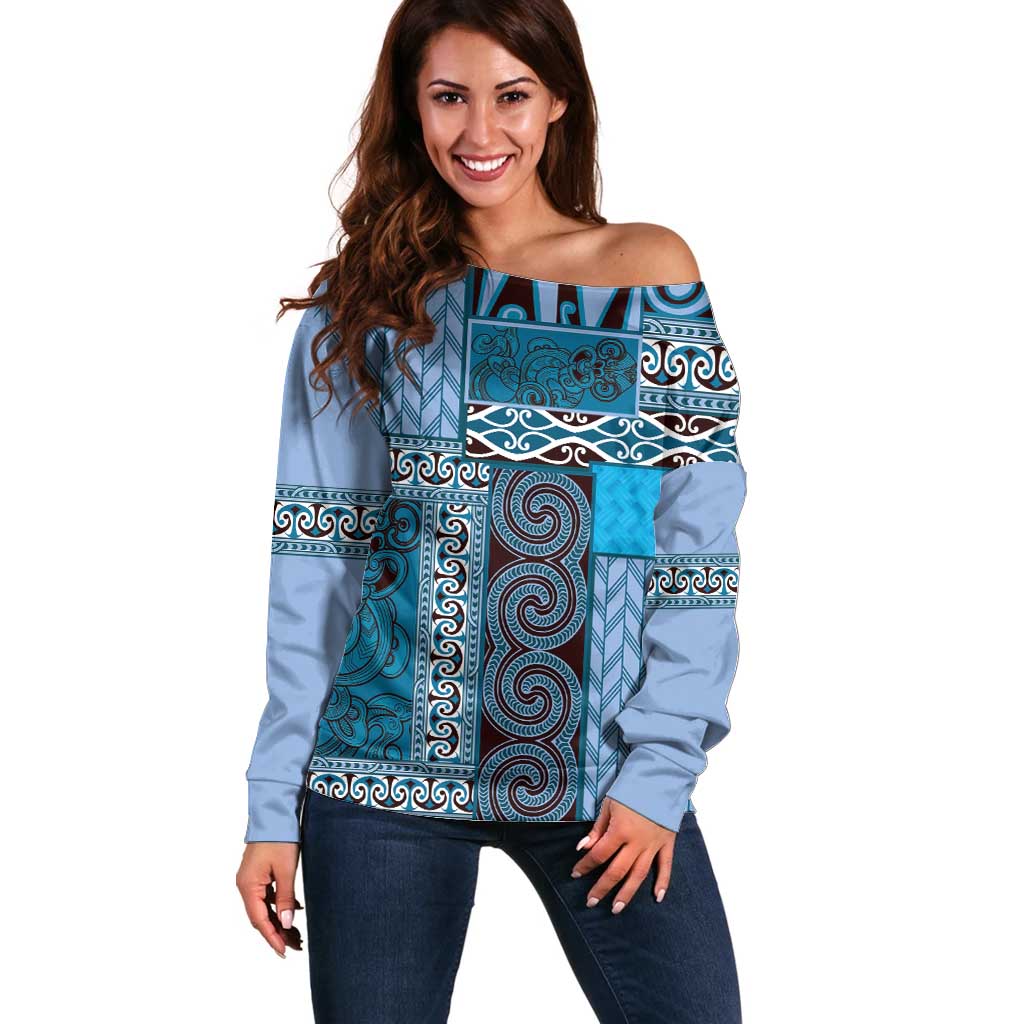 Blue Aotearoa Kowhaiwhai Pattern Off Shoulder Sweater NZ Maori Quilt Style LT14 Women Blue - Polynesian Pride