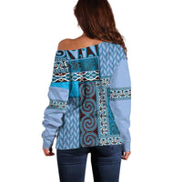 Blue Aotearoa Kowhaiwhai Pattern Off Shoulder Sweater NZ Maori Quilt Style LT14 - Polynesian Pride