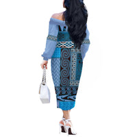 Blue Aotearoa Kowhaiwhai Pattern Off The Shoulder Long Sleeve Dress NZ Maori Quilt Style