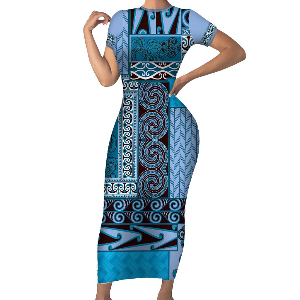 Blue Aotearoa Kowhaiwhai Pattern Short Sleeve Bodycon Dress NZ Maori Quilt Style LT14 Long Dress Blue - Polynesian Pride