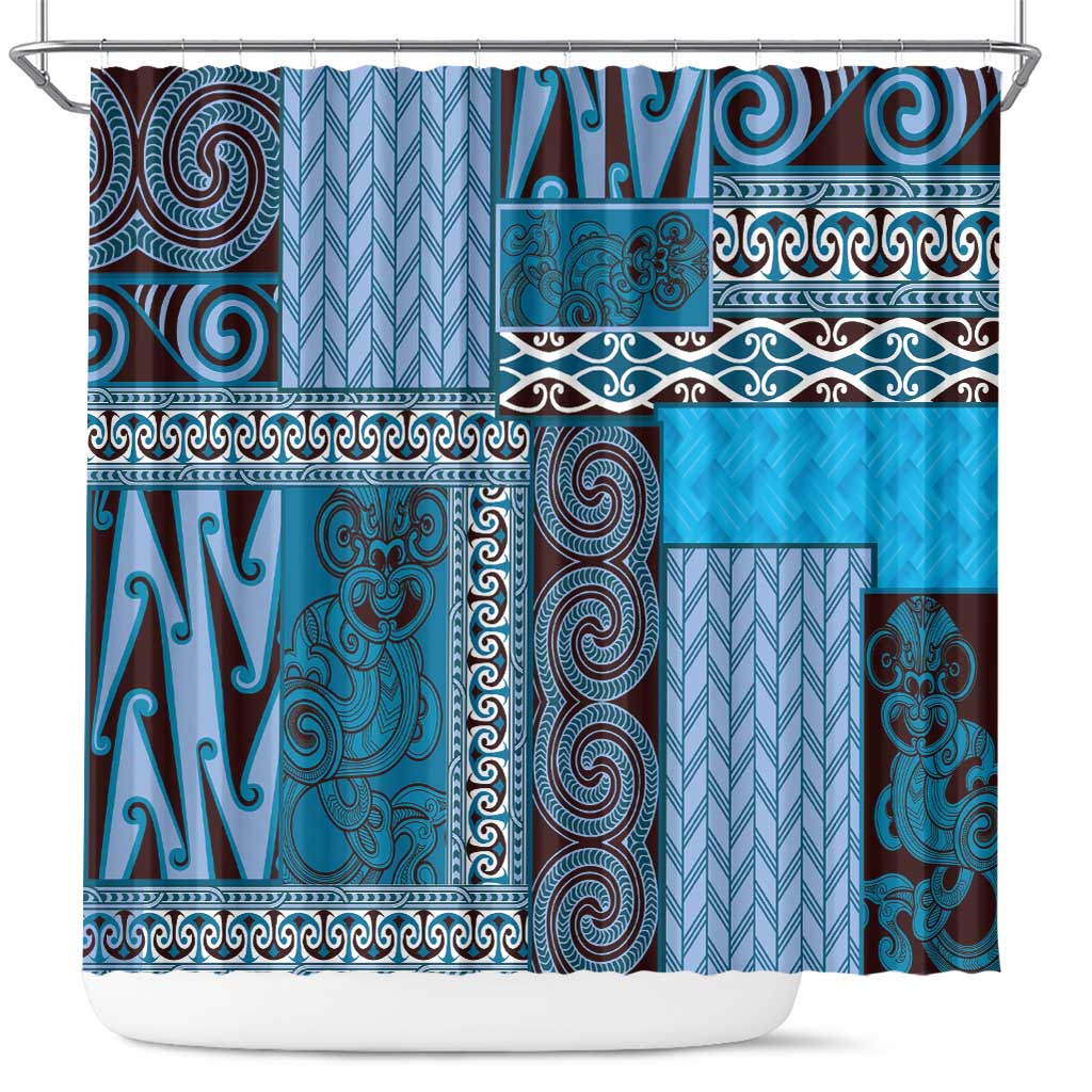 Blue Aotearoa Kowhaiwhai Pattern Shower Curtain NZ Maori Quilt Style LT14 Blue - Polynesian Pride