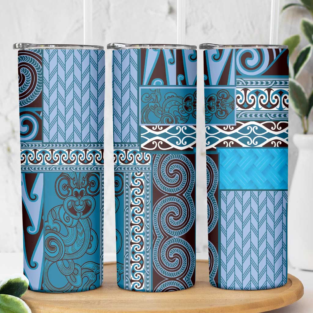 Blue Aotearoa Kowhaiwhai Pattern Skinny Tumbler NZ Maori Quilt Style LT14 - Polynesian Pride